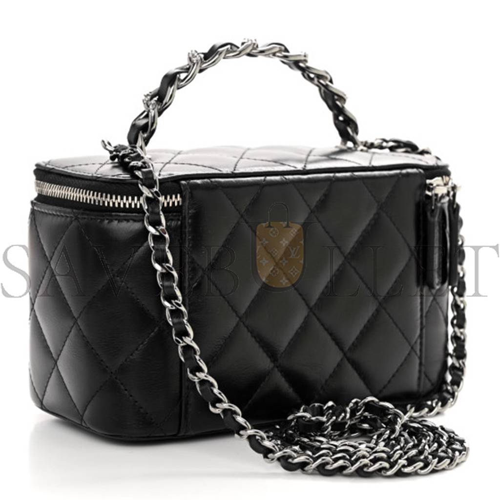 Ch*el master shiny calfskin quilted small crystal top handle vanity case with chain black a96030 (17*9.5*7.8cm)